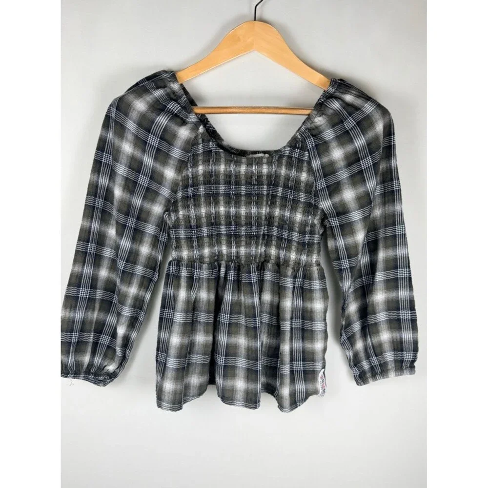 Tommy Jeans Plaid Smocked Babydoll Top Medium Puff Sleeve